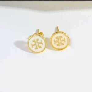 Tory Burch Gold and White Logo Earrings